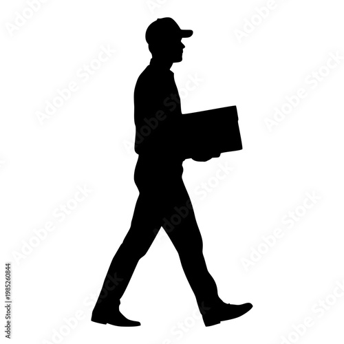 SILHOUETTE OF PACKAGE COURIER WITH WHITE BACKGROUND