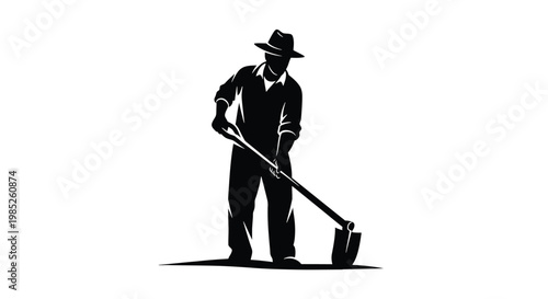 Silhouette of a farmer digging with a shovel, agricultural worker in hat working in the field, manual labor concept, vector illustration