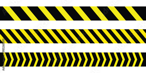 Warning tape with yellow and black diagonal stripes. Warn stop seamless line. Safety stripe warning caution hazard danger road vector sign symbol. Warning stripe icons vector illustration. Eps10