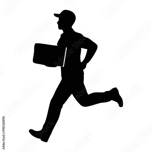 SILHOUETTE OF PACKAGE COURIER WITH WHITE BACKGROUND
