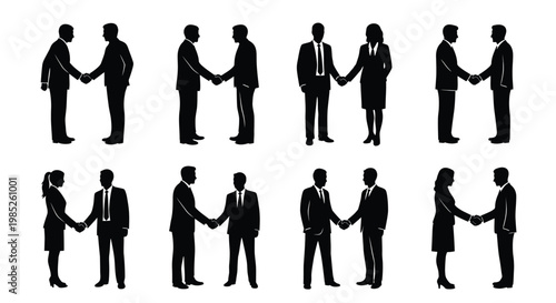Set of business people silhouettes shaking hands, professional agreement, partnership, deal, cooperation, business meeting, corporate team, vector illustration
