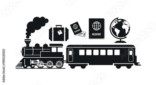 Travel by train icons set steam locomotive with passenger carriage, suitcase, passport and globe vector illustration of railway transportation and tourism concept