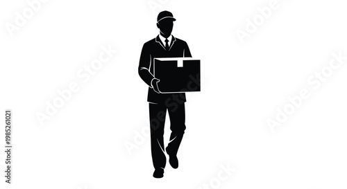 Silhouette of a delivery man carrying a cardboard box, courier service worker in uniform walking with a parcel, logistics and shipping concept