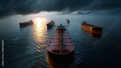 Large oil tankers sail calmly on dark water at sunset. Sky darkens with storm clouds looming above. Sun glows softly through mist, reflecting on water surface. Ships move steadily toward viewer