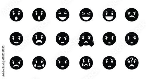 Set of black and white vector emoji icons, collection of various facial expressions, simple flat design