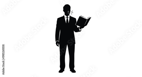 Silhouette of a man in a suit reading a book, holding an open book in his hand and speaking, professional speaker or lecturer concept, vector illustration