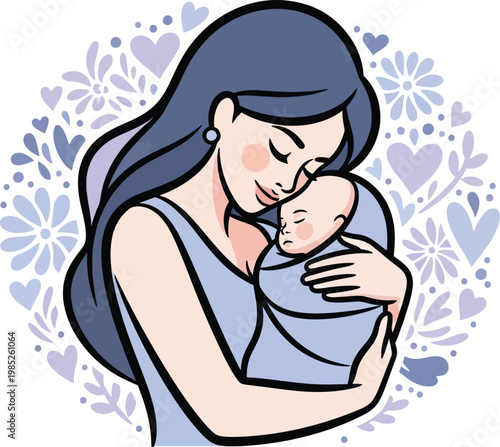 Maternity vector portrait of female cuddling sleeping swaddled newborn