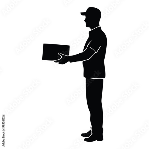 SILHOUETTE OF PACKAGE COURIER WITH WHITE BACKGROUND