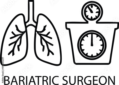 Line art illustration of lungs scale and text bariatric surgeon