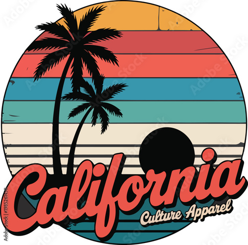 California Culture Apparel Logo with Palm Trees and Retro Sunset Design for Fashion Branding