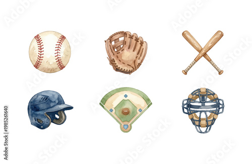 Watercolor Baseball Equipment and Field Icons Set