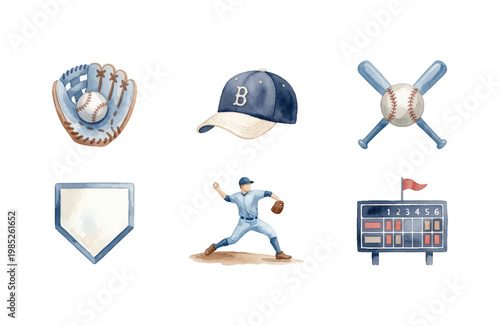 Quadro su tela Watercolor Baseball Equipment and Player Icons Set