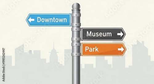 Bright Signpost with Downtown Museum and Park Directions