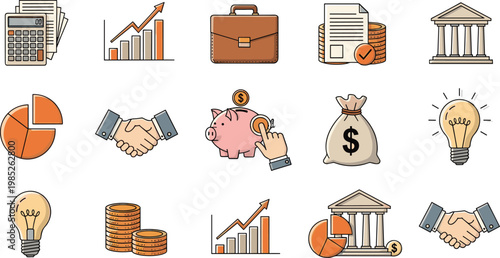 Business Finance Icon Set with Calculator Chart Briefcase Piggy Bank Coin Handshake Bank and Investment Elements