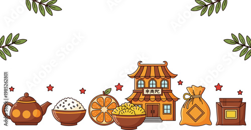 Chinese New Year Festive Banner with Teapot Rice Bowl Orange Temple and Traditional Cultural Elements