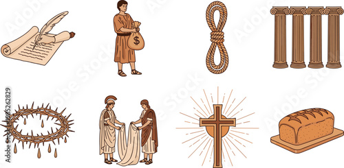 Biblical Christian Icon Set with Cross Crown of Thorns Scroll Rope Columns Bread and Religious Story Elements