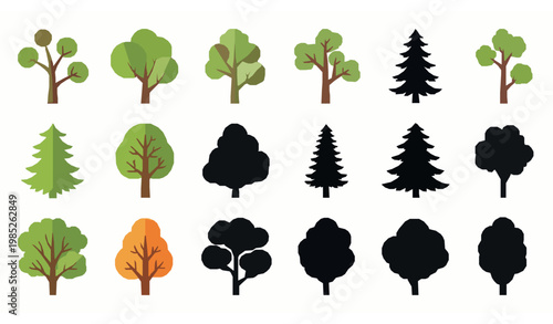 Colorful and black tree vector set mixed flat trees and silhouette icons isolated on white