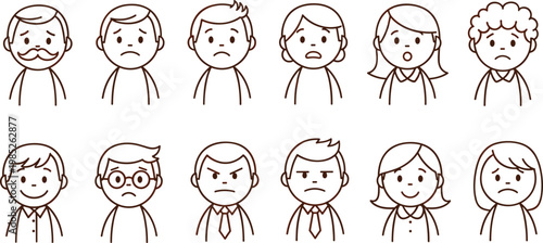 Cartoon People Face Expression Icon Set with Sad Angry Surprised and Emotional Character Outline Collection