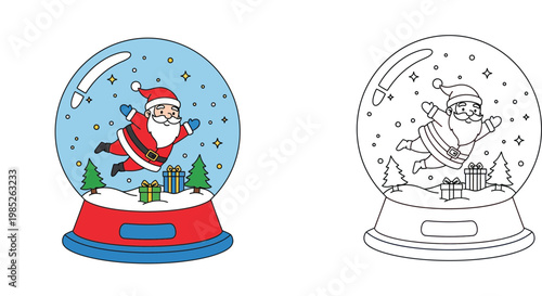 Cute Flying Santa Claus in Christmas Snow Globe Vector Illustration with Matching Coloring Page for Kids Winter Holiday Activities