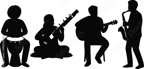 Multicultural Musicians Playing Instruments SilhouetteMulticultural Musicians Playing Instruments Silhouette
