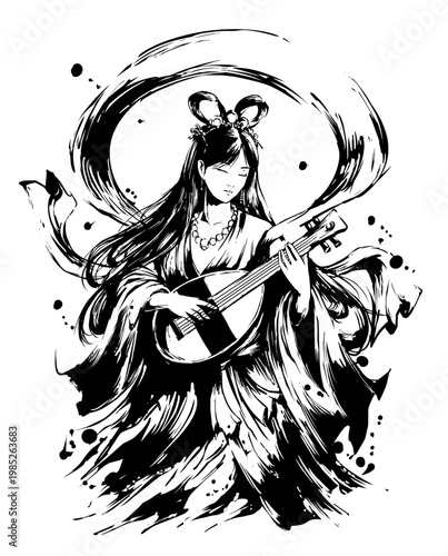 弁財天の墨絵イラスト