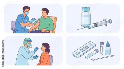 Medical Healthcare Illustration Set with COVID-19 Testing and Vaccination Process