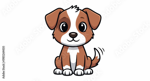 Cute cartoon puppy sitting with wagging tail, brown and white dog illustration in playful style