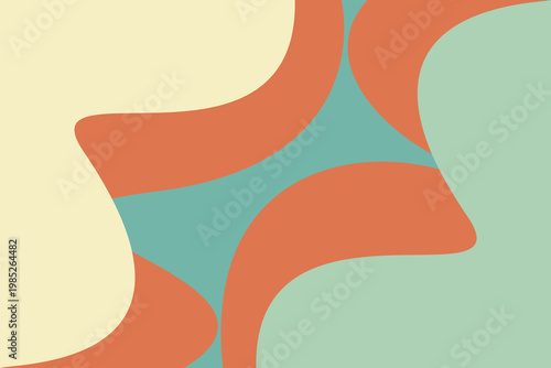 Abstract minimalist composition with flowing organic shapes in a calming color palette of cream, coral, and teal.