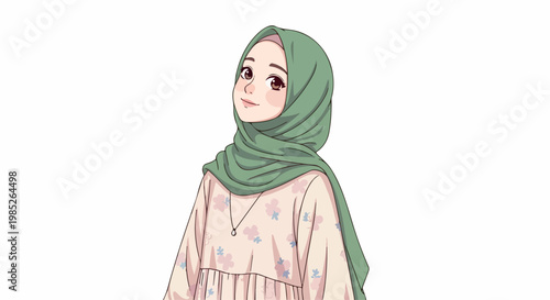 Illustrated Muslim woman wearing a green hijab and pink floral dress, a graceful portrait in soft pastel colors