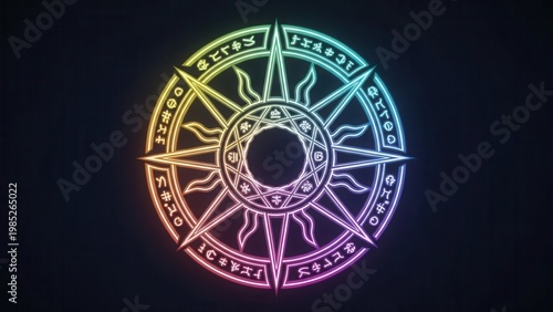 Vibrant mystical sigil glowing on a dark background displaying ancient runic symbols and celestial