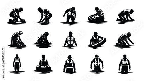 A collection of black and white vector illustrations depicting workers in various bending and crouching positions