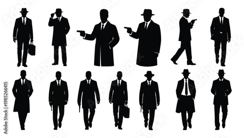 A collection of silhouetted figures depicting men in suits coats and hats conveying a sense of mystery