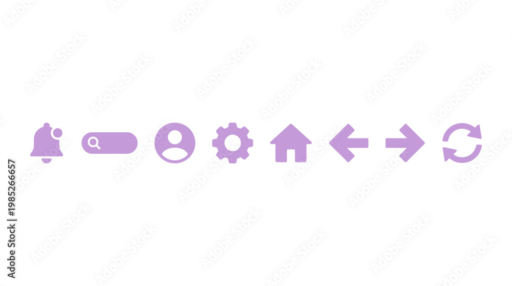 Fototapeta premium A vector set of various icons including a bell, pencil, person, gear, house, arrows, and refresh symbol in a flat design style for business and technology use.