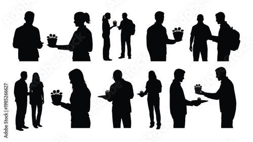 A collection of black silhouette figures depicting people holding plants or engaging in conversation high quality