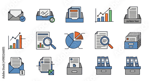 Set of flat line icons for business data analysis and office management