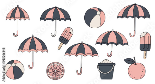 Cute summer beach elements with umbrellas, beach balls and ice cream