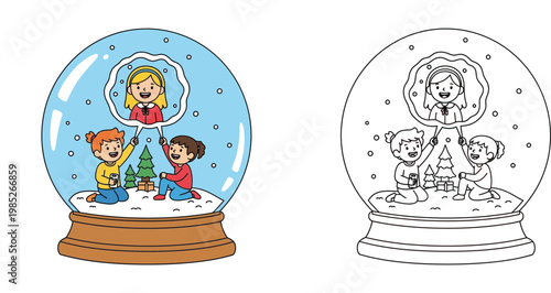 Cute Girls in Christmas Snow Globe Vector Illustration with Matching Coloring Page, Winter Holiday Friendship Scene for Kids Activities