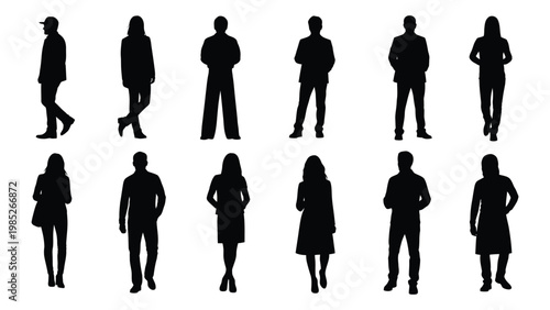 A collection of twelve black silhouettes depicting diverse people standing in various poses high quality professional