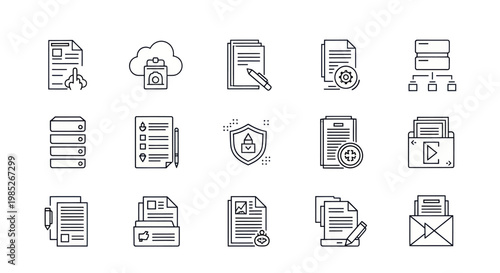 A comprehensive set of linear icons for document management and data solutions.