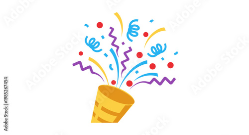 Colorful party popper explosion with confetti and streamers isolated on white background