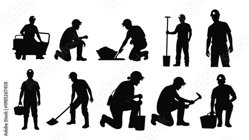 Silhouettes of miners engaged in various labor tasks within a mining environment depicted in black
