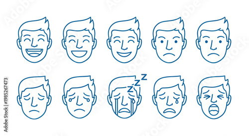Set of male facial expression line icons showing various human emotions and moods.