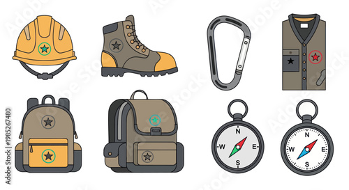 Set of outdoor adventure gear and hiking camping equipment icons.
