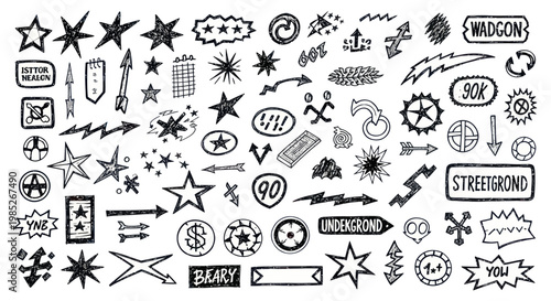 Set of hand drawn grunge urban symbols and punk rock doodle elements