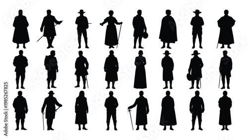 A collection of silhouetted figures depicting people in historical clothing primarily from the 19th century