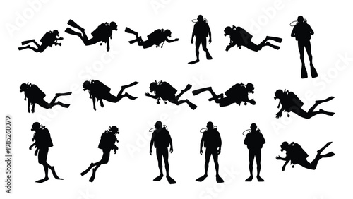 Silhouettes of scuba divers in various poses depicting underwater exploration and activity high quality professional detailed