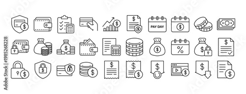 Finance and money line icon set featuring banking, payment, cash, wallet, and security symbols in clean outline style