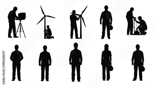 Silhouettes of wind turbine technicians performing maintenance and inspections in a field high quality professional detailed