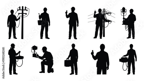 Silhouettes of electrical linemen and power line workers performing various tasks and maintenance high quality professional