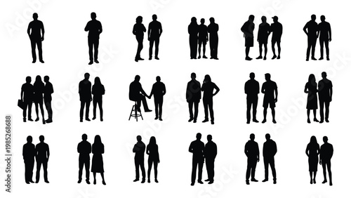 A collection of diverse black silhouettes depicting various groupings of people standing together high quality professional